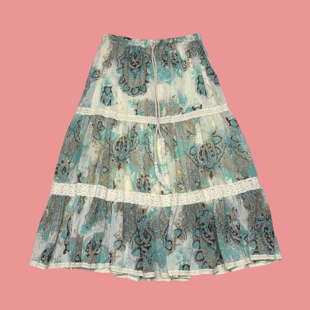 Apt. 9 Womens Small Teal Paisley Tiered Midi Skirt Lace Trim Boho Drawstring